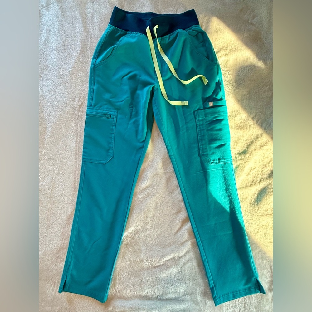 Figs Kade Cargo Joggers Teal Blue with Neon Yellow Drawstring P XXS